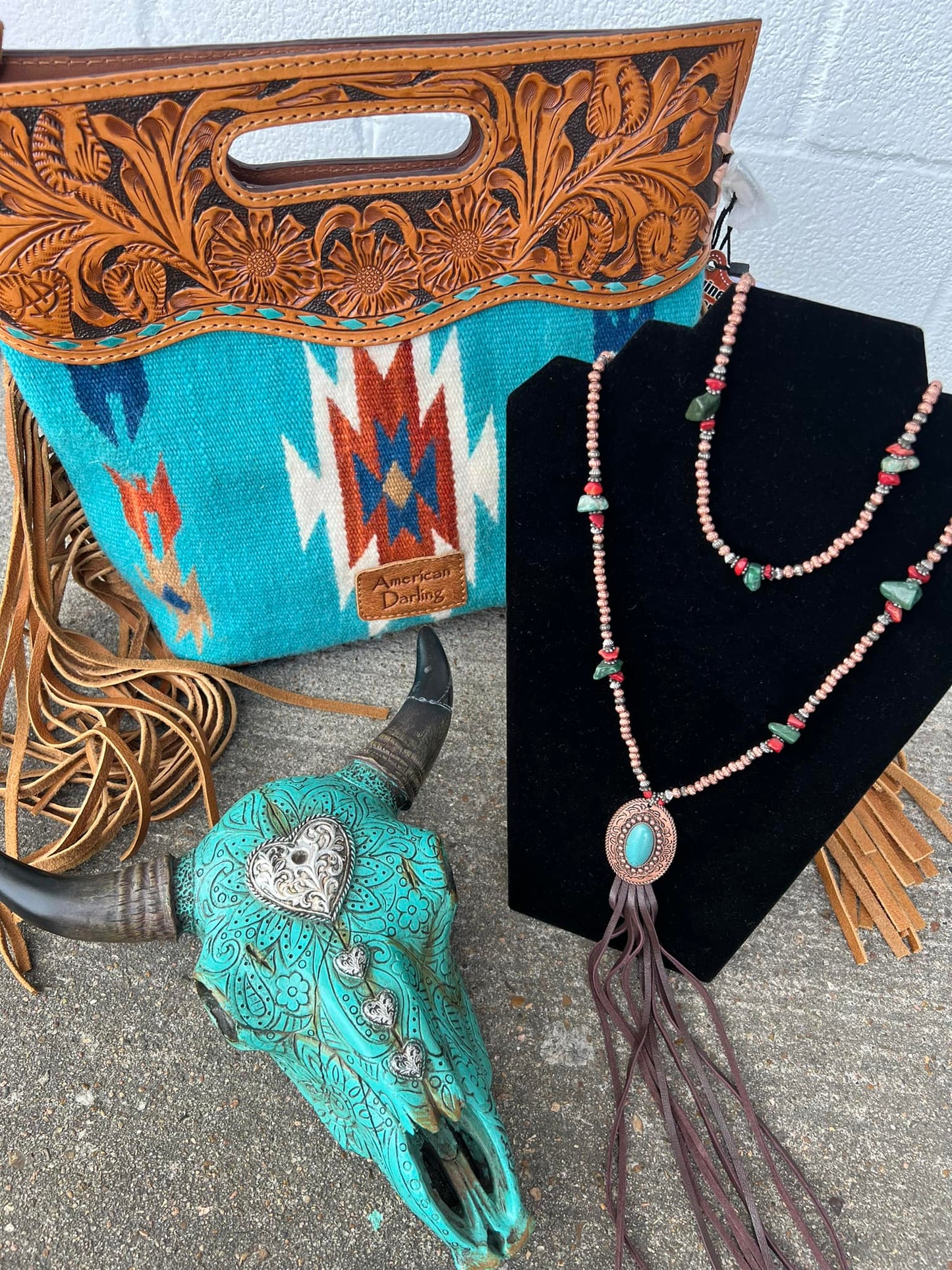 Aztec Wool & Tooled Leather Shoulder Bag - Western Fringe Crossbody