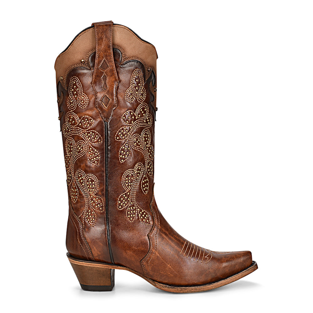 Corral Embroidery & Studs Tan Snip Toe Boots