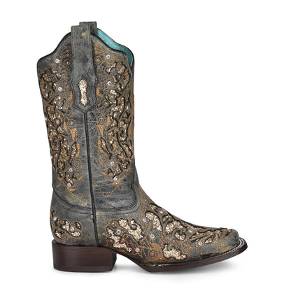 Corral Black Glitter Inlay Square Toe Boots