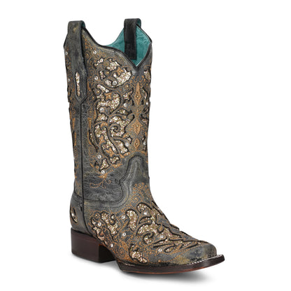 Corral Black Glitter Inlay Square Toe Boots