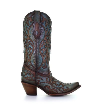 Corral Overlay Turquoise & Brown Snip Toe Boots
