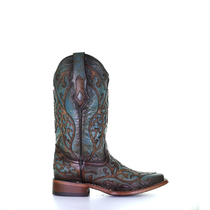 Corral Overlay Turquoise & Brown Square Toe Boots