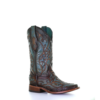 Corral Overlay Turquoise & Brown Square Toe Boots