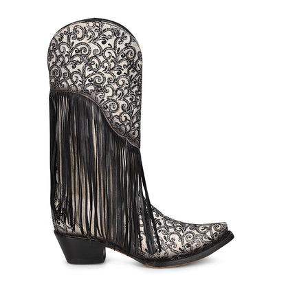 Corral Overlay & Embroidery White And Black Fringe Boots
