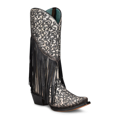 Corral Overlay & Embroidery White And Black Fringe Boots