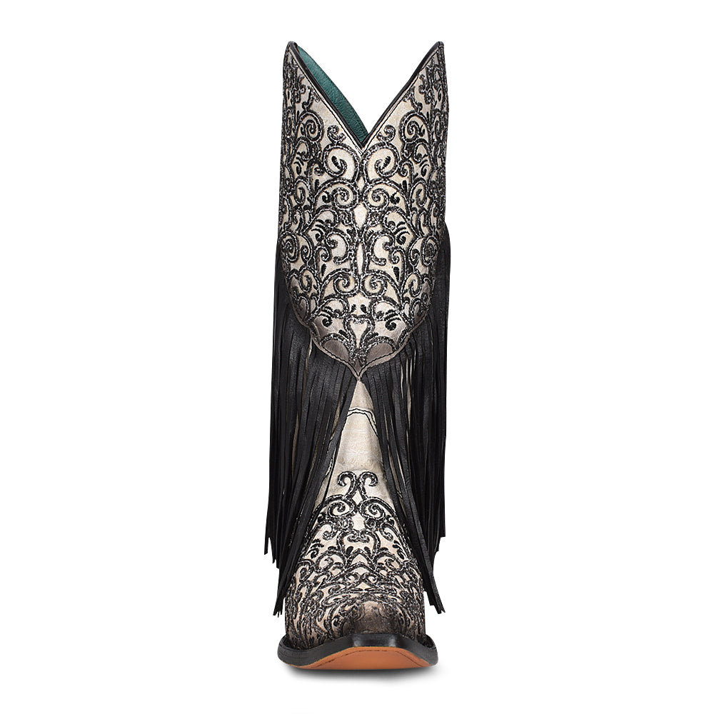 Corral Overlay & Embroidery White And Black Fringe Boots
