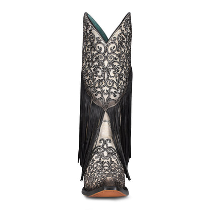 Corral Overlay & Embroidery White And Black Fringe Boots