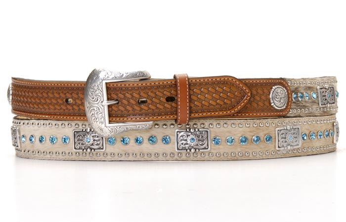 Nocona Calf Hair with  Blue Rhinestones Western Belt