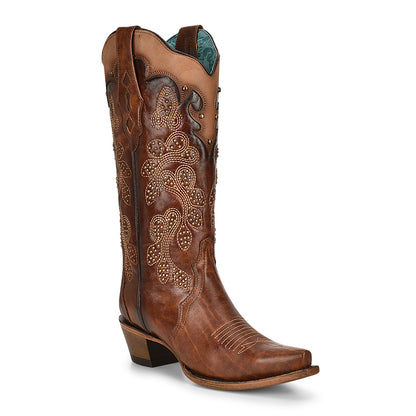Corral Embroidery & Studs Tan Snip Toe Boots